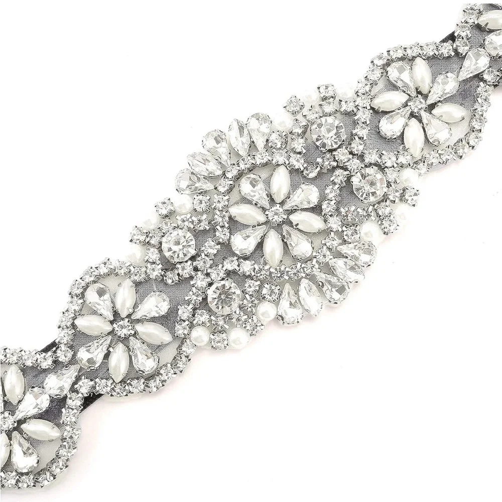 Elegant Rhinestone and Pearl on Black Sash Belt
